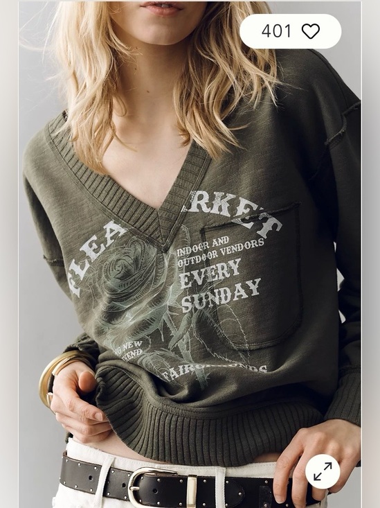 Pilcro Tops - Pilcro/Anthropologie V-Neck Graphic Flea Market Sweatshirt in Pine Size XL. NWT